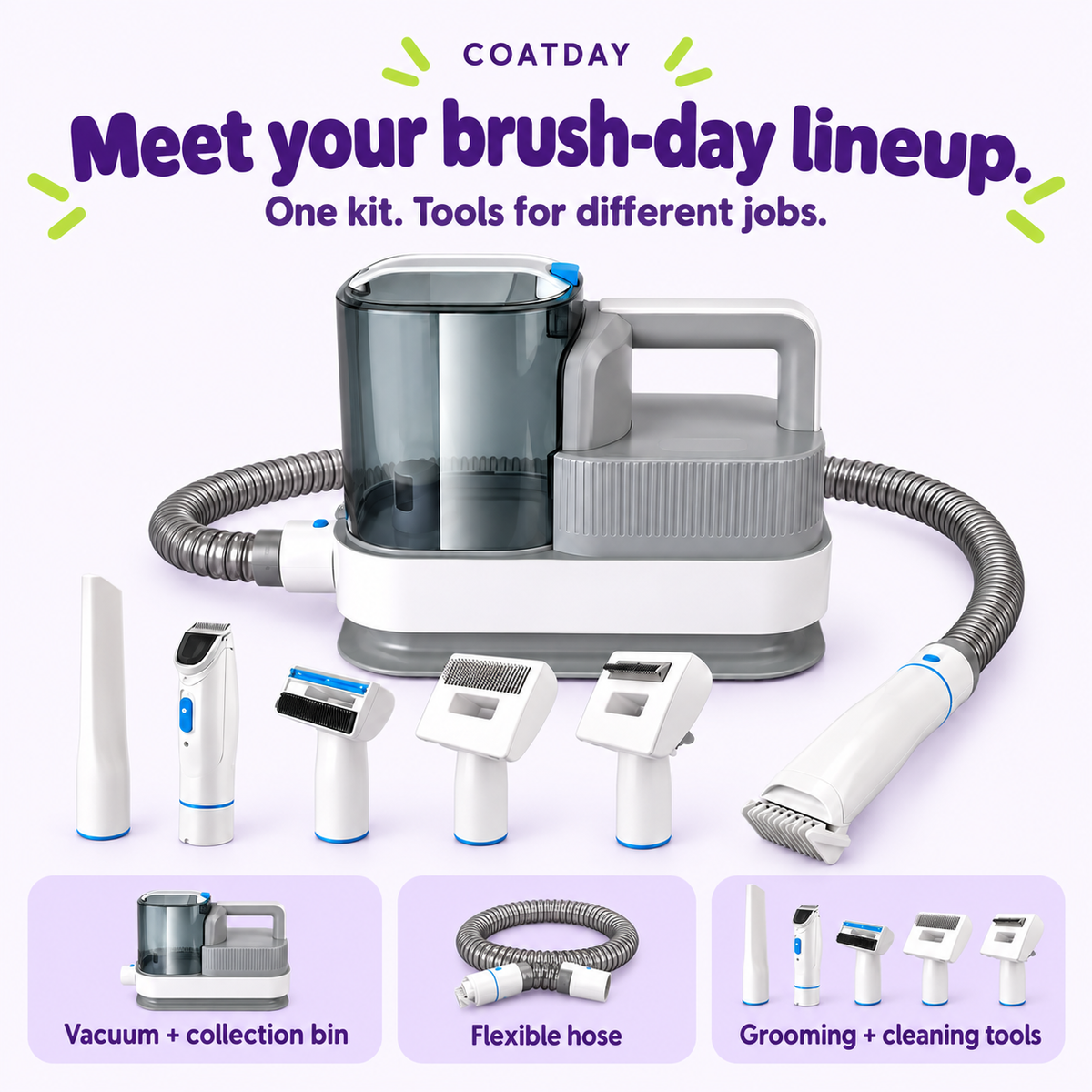 Kit overview showing vacuum and collection bin, flexible hose, and grooming and cleaning tools.