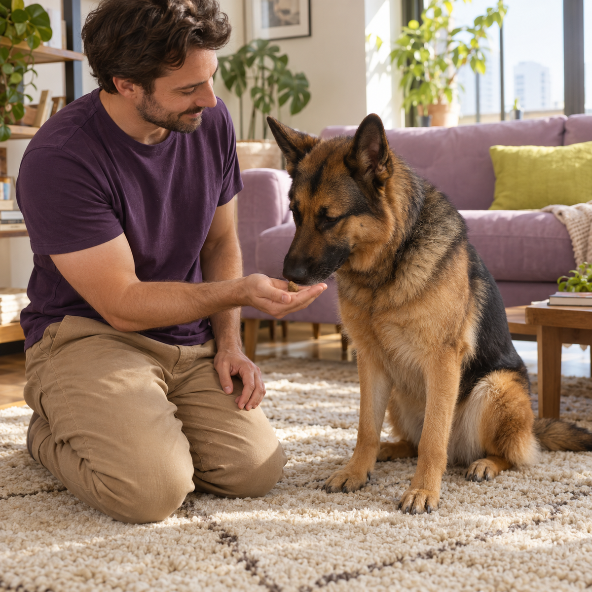 German Shepherd taking a treat from its owner at home