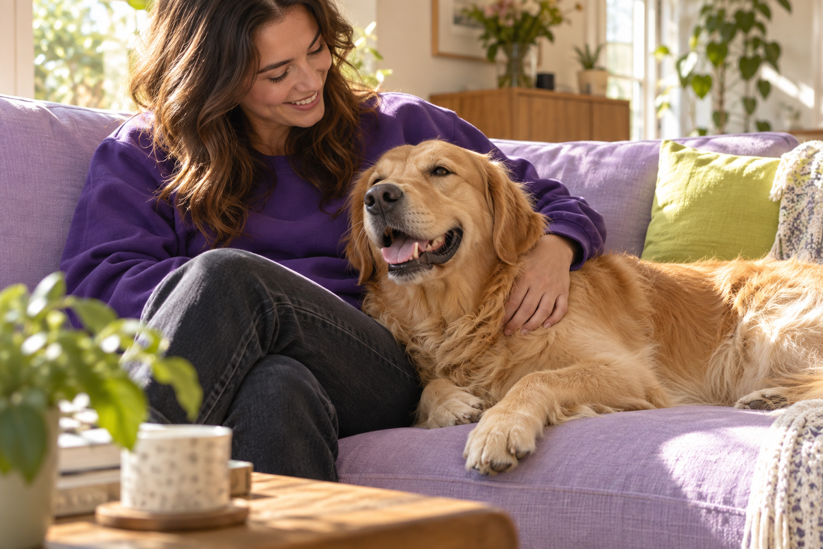 Golden retriever cuddling with its owner on a lilac sofa