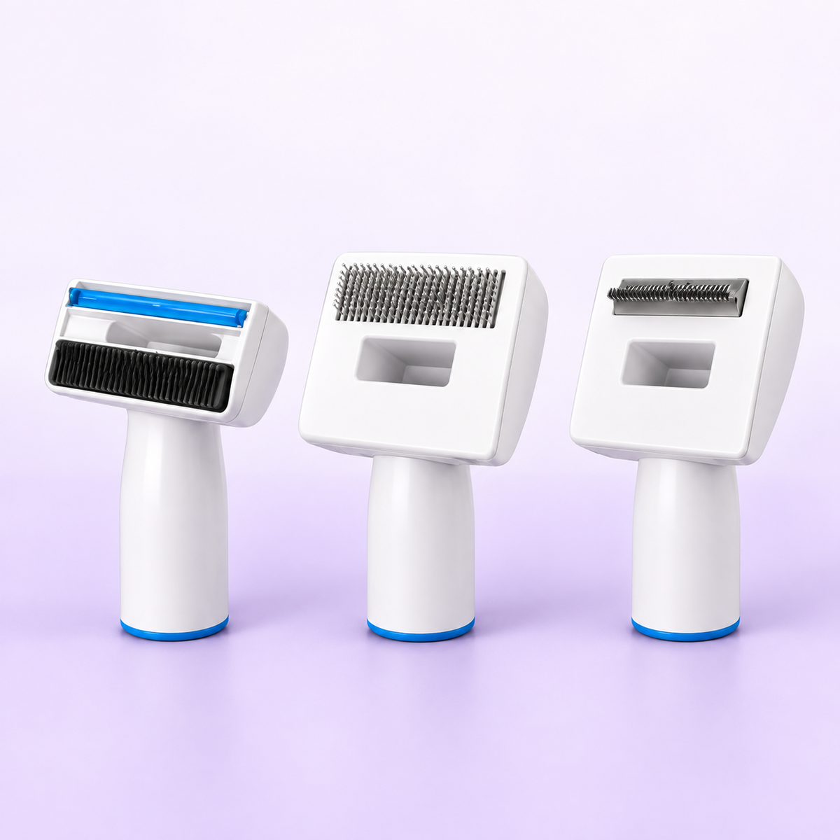 Three white grooming attachments with blue trim