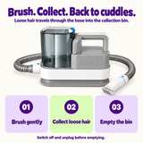 Brush gently, collect loose hair, then switch off and unplug before emptying the bin.